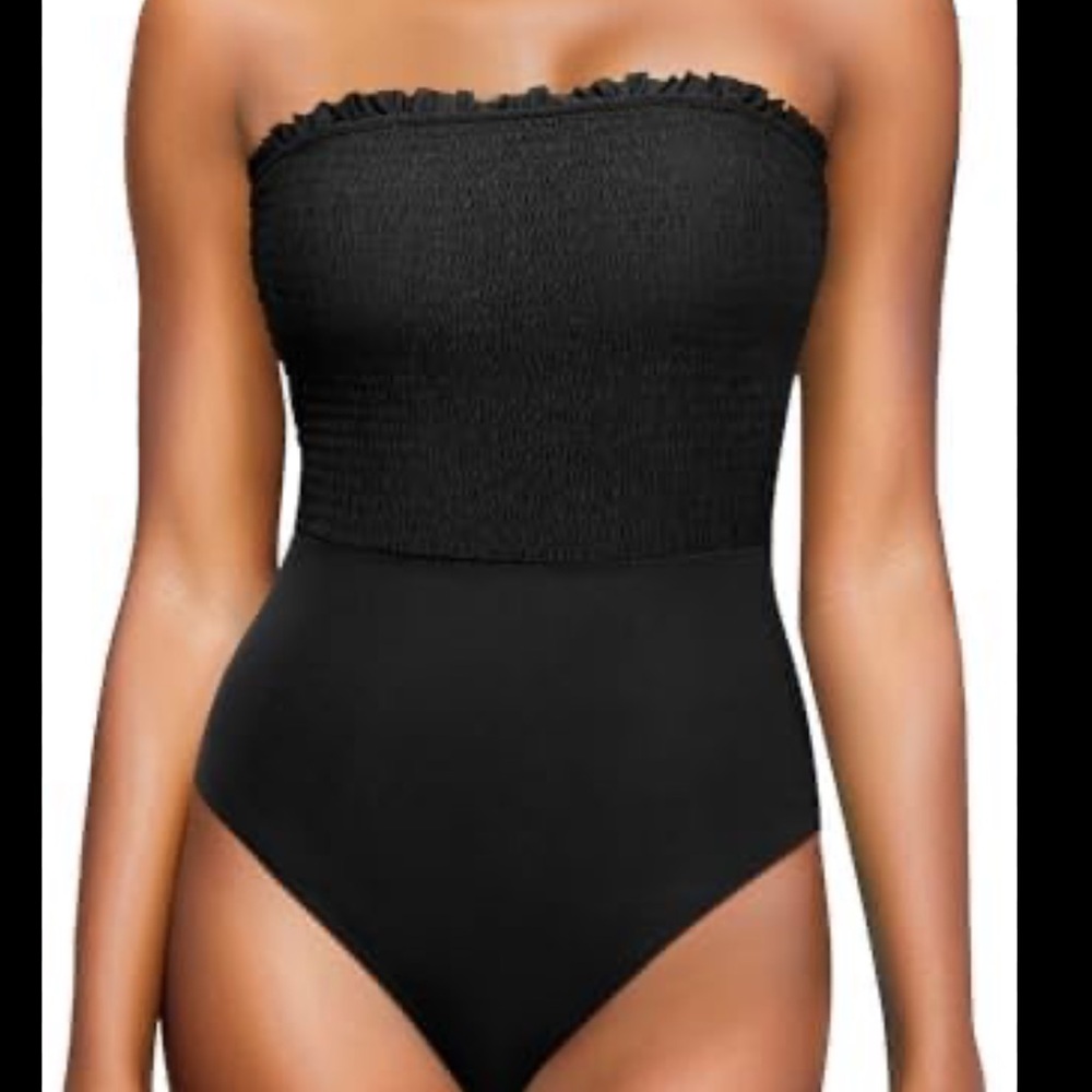 XOXO Black Textured Strapless One Piece Swimsuit.